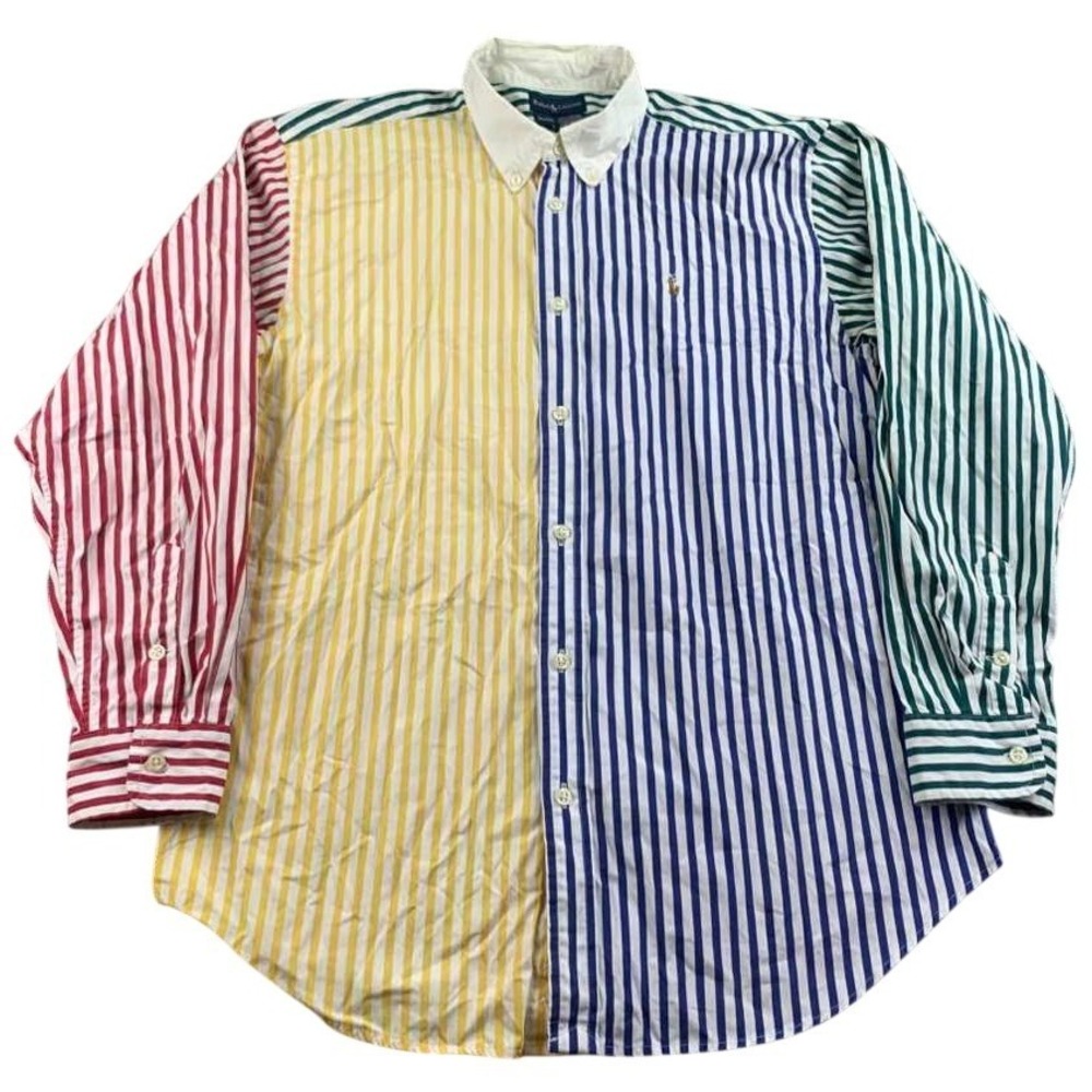 Y2K Ralph Lauren Shirt Men XL 20 Multi Color Striped Colorblock Logo Long Sleeve